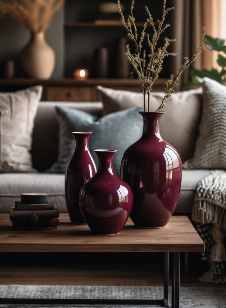 Three burgundy vases of varying sizes, with the tallest holding dried branches, placed on a wooden coffee table alongside a stack of books, all set in a cozy living room with a sofa and decorative cushions in the background.