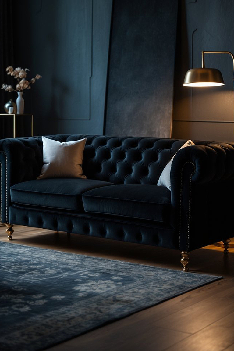 A stylish black tufted sofa with a couple of light-colored pillows, set against a dark wall, complemented by a brass lamp and a decorative plant in a vase on a nearby table.