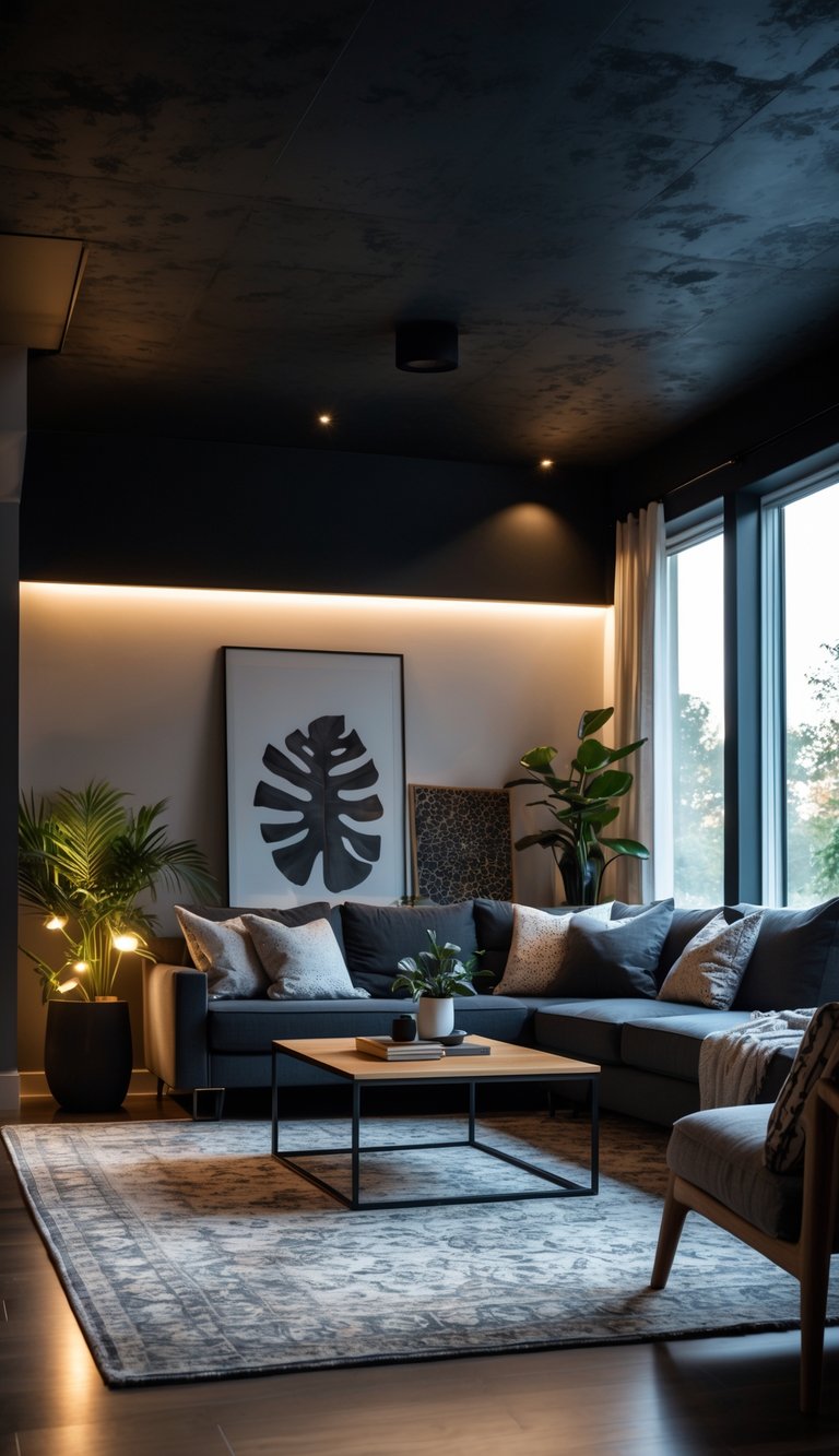 A living room with a black matte ceiling, sofa, coffee table, plants, and soft ambient lighting.