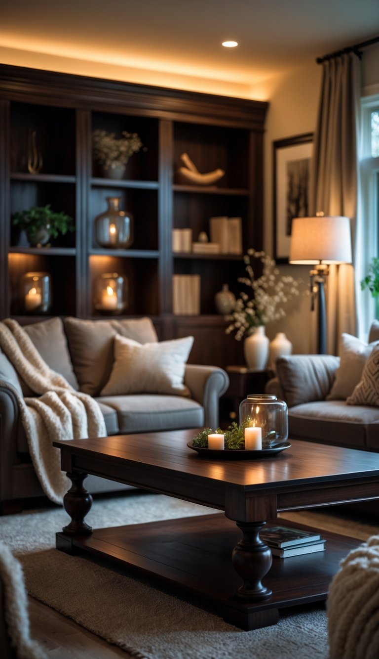 A living room with dark wood furniture, a sofa with cushions, a coffee table, bookshelves, and warm lighting.