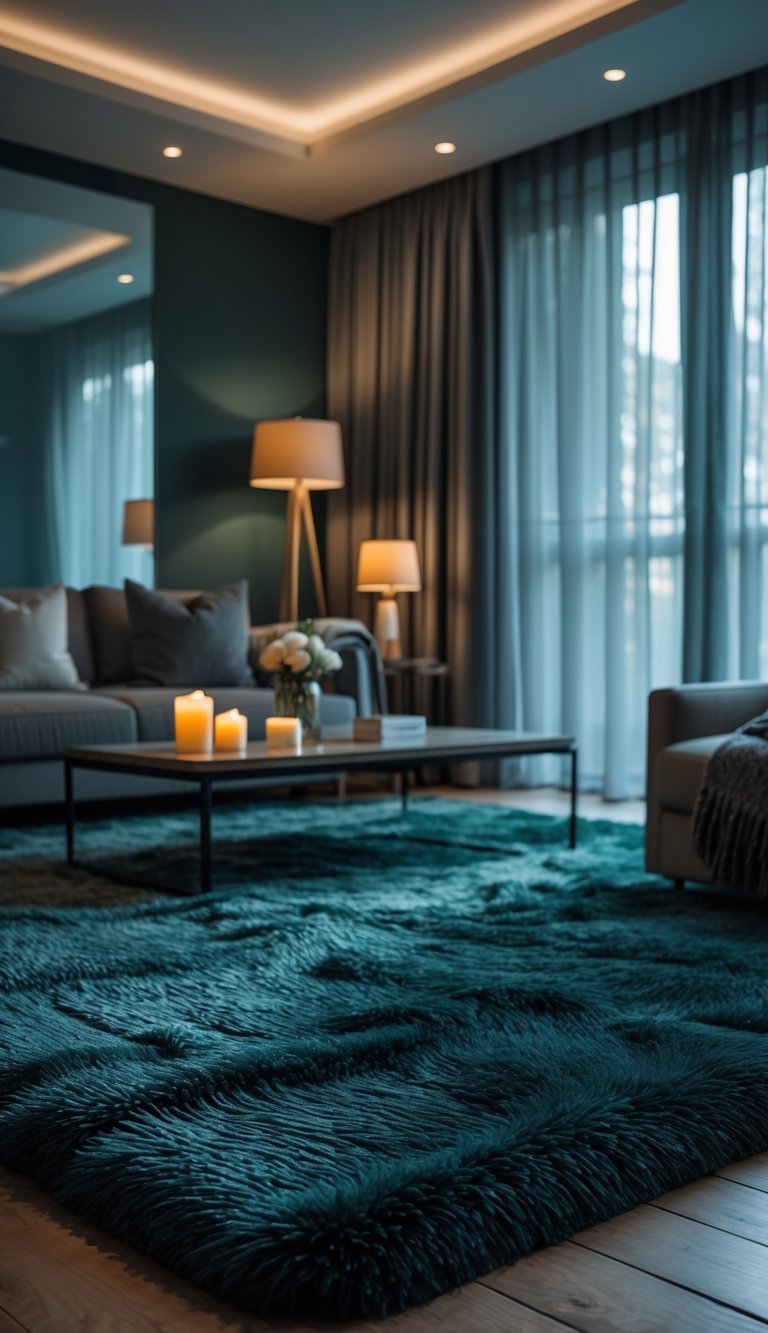 A living room with plush dark teal area rugs, a sofa, a coffee table, and soft lighting.