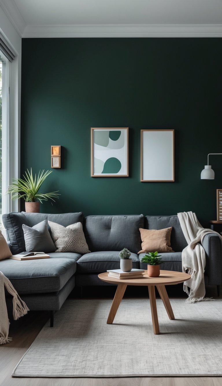 A living room with a dark green accent wall, a gray sofa, wooden coffee table, and soft natural light coming through large windows.