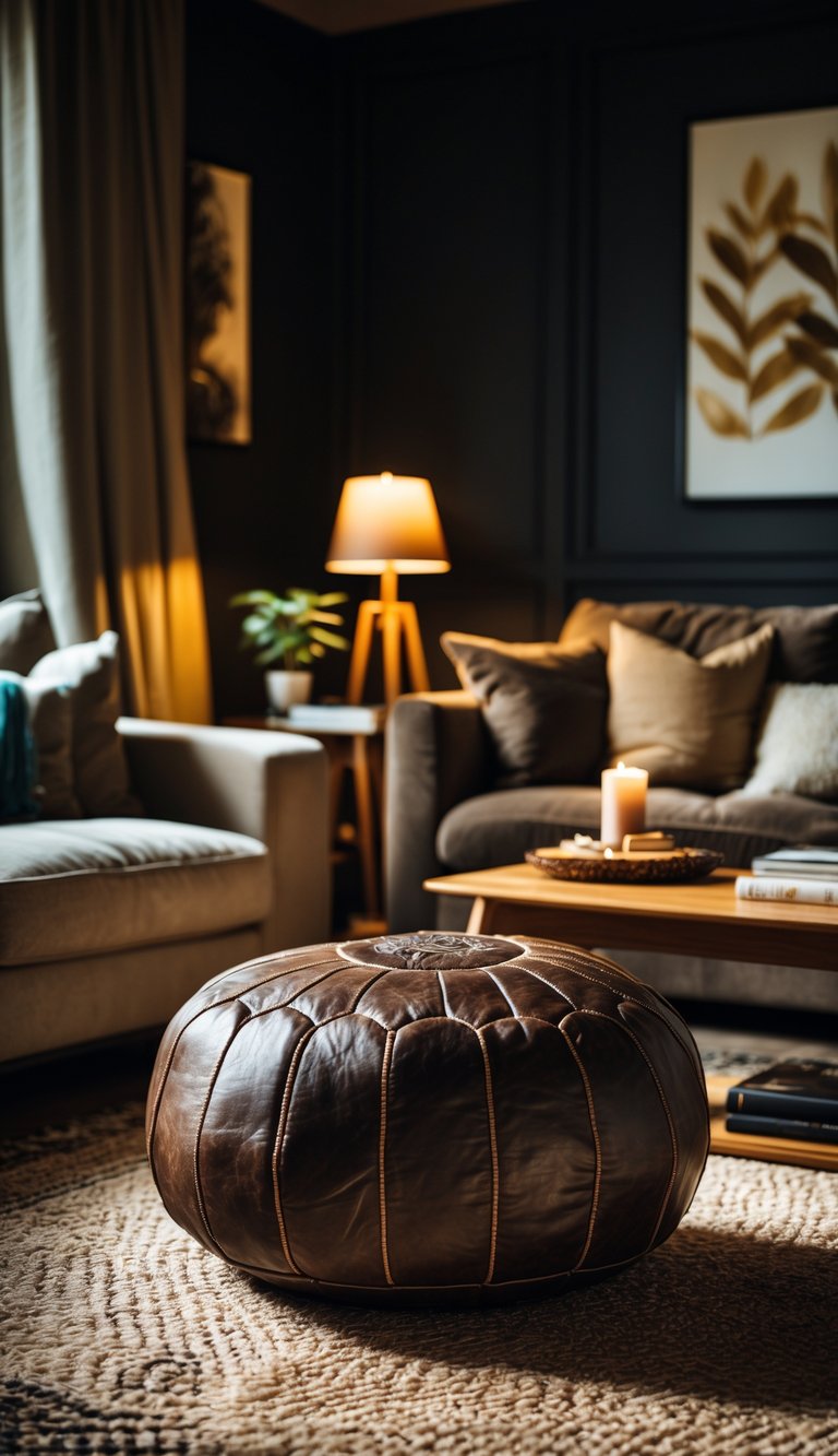 Living room with a dark brown leather pouf placed on a rug in front of a sofa, surrounded by a coffee table and warm lighting.