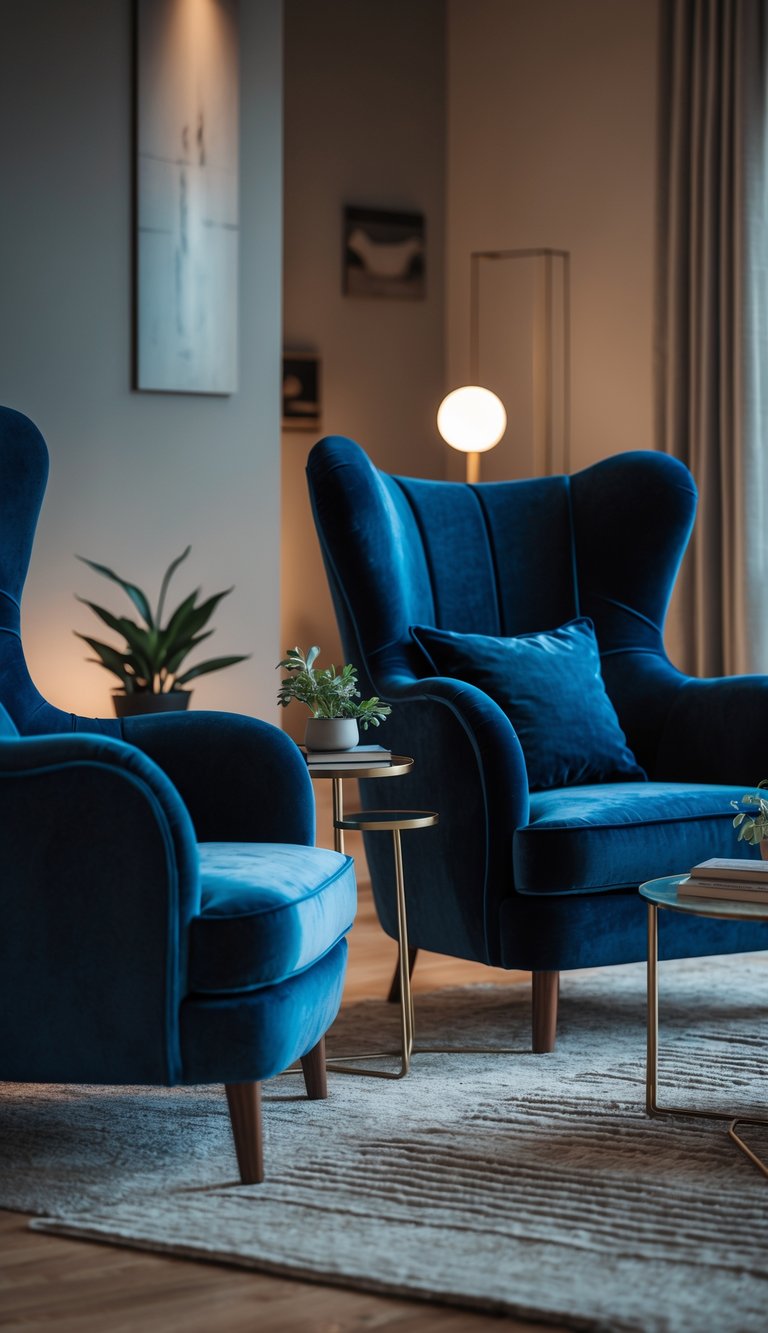 Living room with two blue velvet armchairs, a coffee table, and warm lighting.