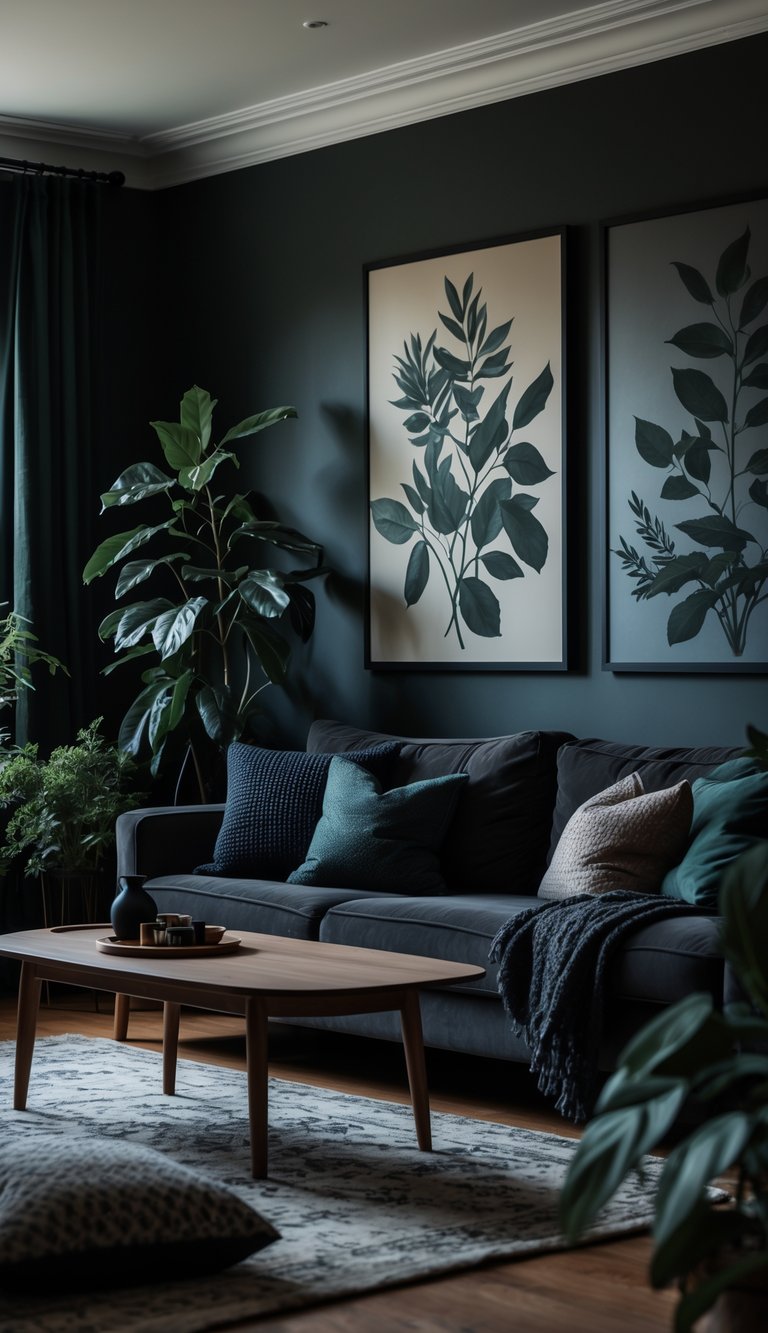 A cozy living room with dark botanical prints on the walls, a sofa with cushions, a wooden coffee table, and potted plants.