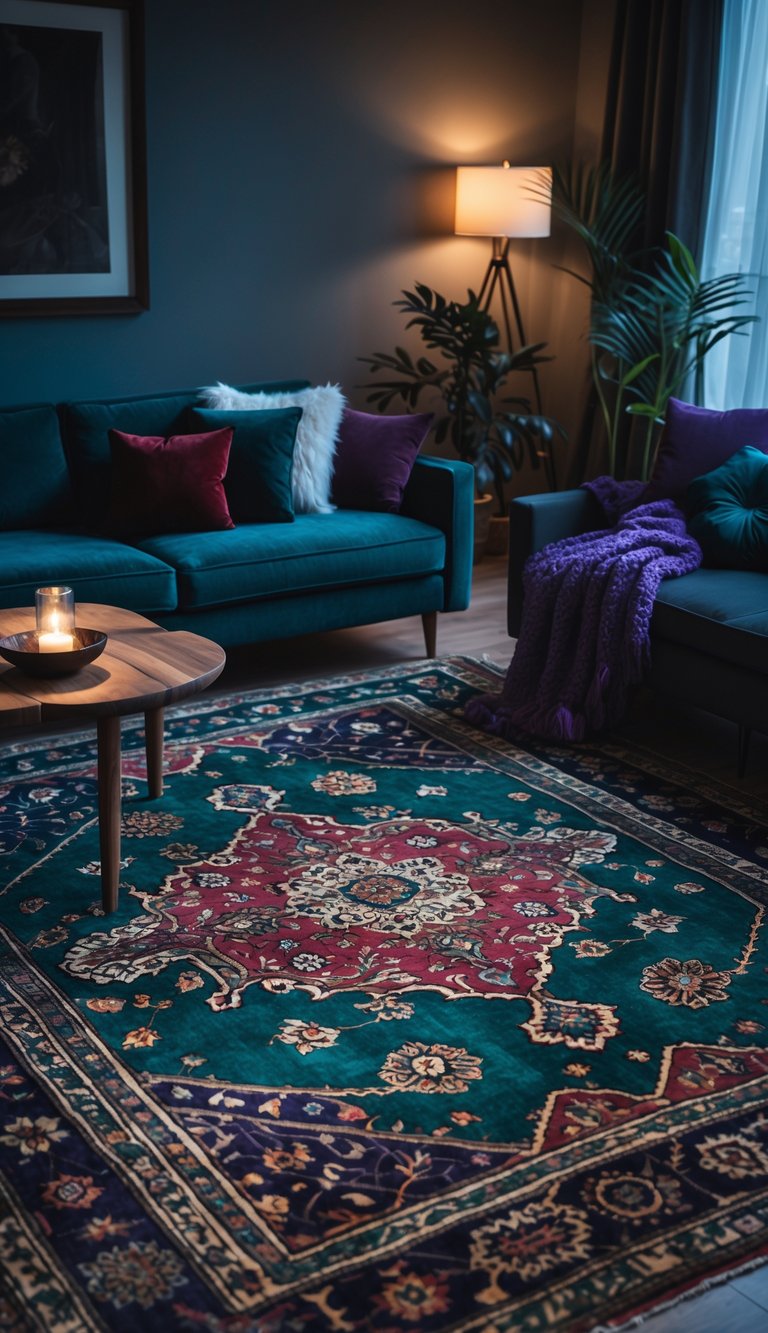 A cozy living room with a colorful patterned rug on the floor, a sofa, a wooden coffee table, and plants.