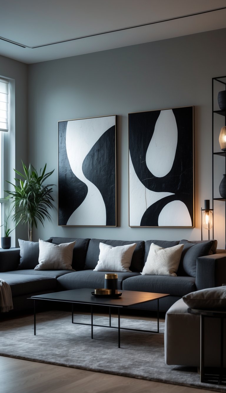 A modern living room with a dark gray sofa, black coffee table, indoor plant, and abstract black and white paintings on the walls.