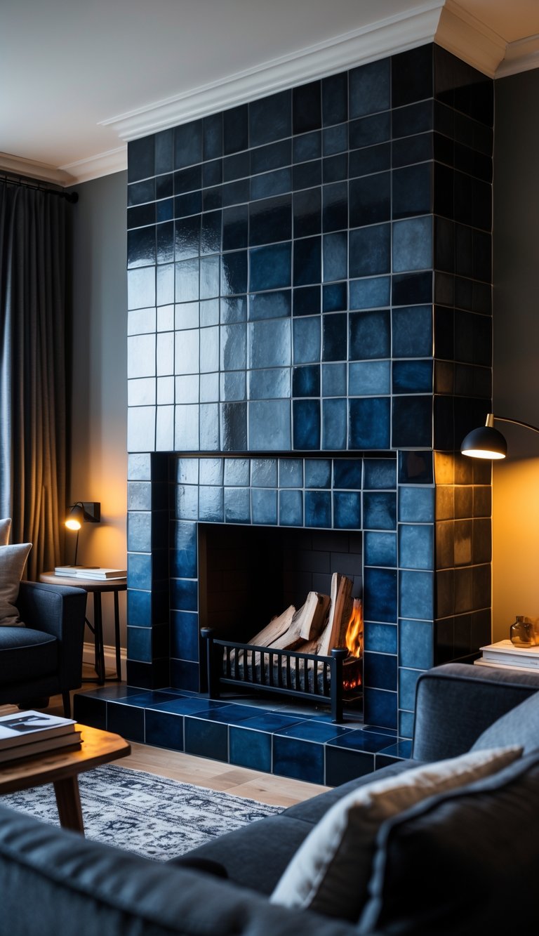 A living room with a dark tiled fireplace surrounded by a gray sofa and a wooden coffee table.