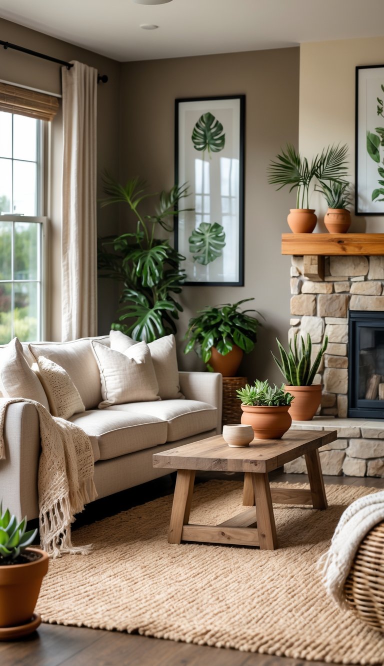 A living room with a beige sofa, wooden coffee table, indoor plants, and large windows letting in natural light.