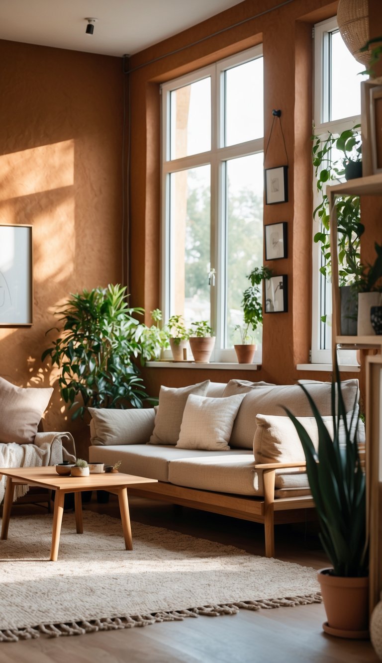 A cozy living room with large windows letting in natural light, featuring a beige sofa adorned with cushions, a wooden coffee table with small decorative items, and several potted plants on the windowsill and floor. The walls are painted in a warm orange tone, and a soft rug is placed on the wooden floor.