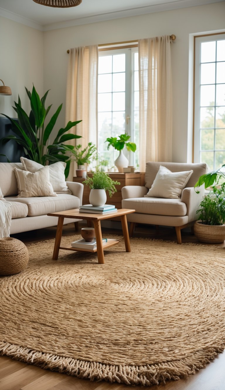 A living room with a large jute rug on the floor, a sofa, wooden coffee table, and green plants near sunlit windows.