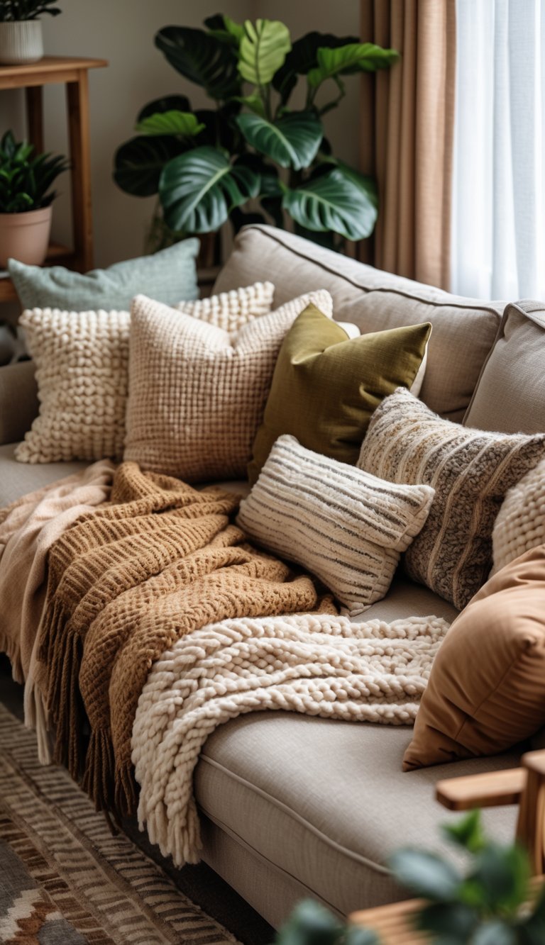 A cozy living room with a sofa layered with wool throws and cushions, surrounded by wooden furniture and plants.