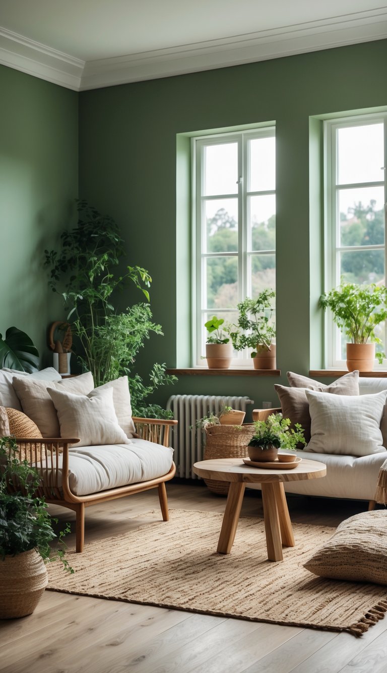 A living room with muted green walls, wooden furniture, plants, and natural light creating a calm and cozy atmosphere.