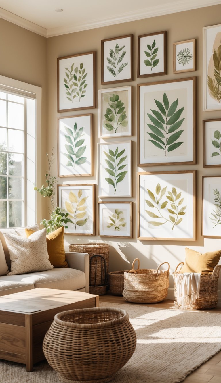 A living room with a gallery wall of nature-inspired framed prints above a sofa, decorated with earthy colors and natural textures.