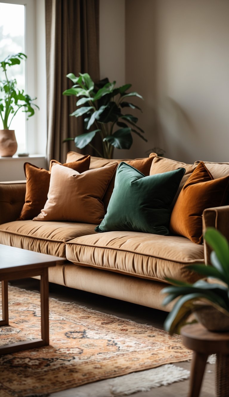 A living room with a sofa adorned with earth-toned velvet cushions, a wooden coffee table, and potted plants.