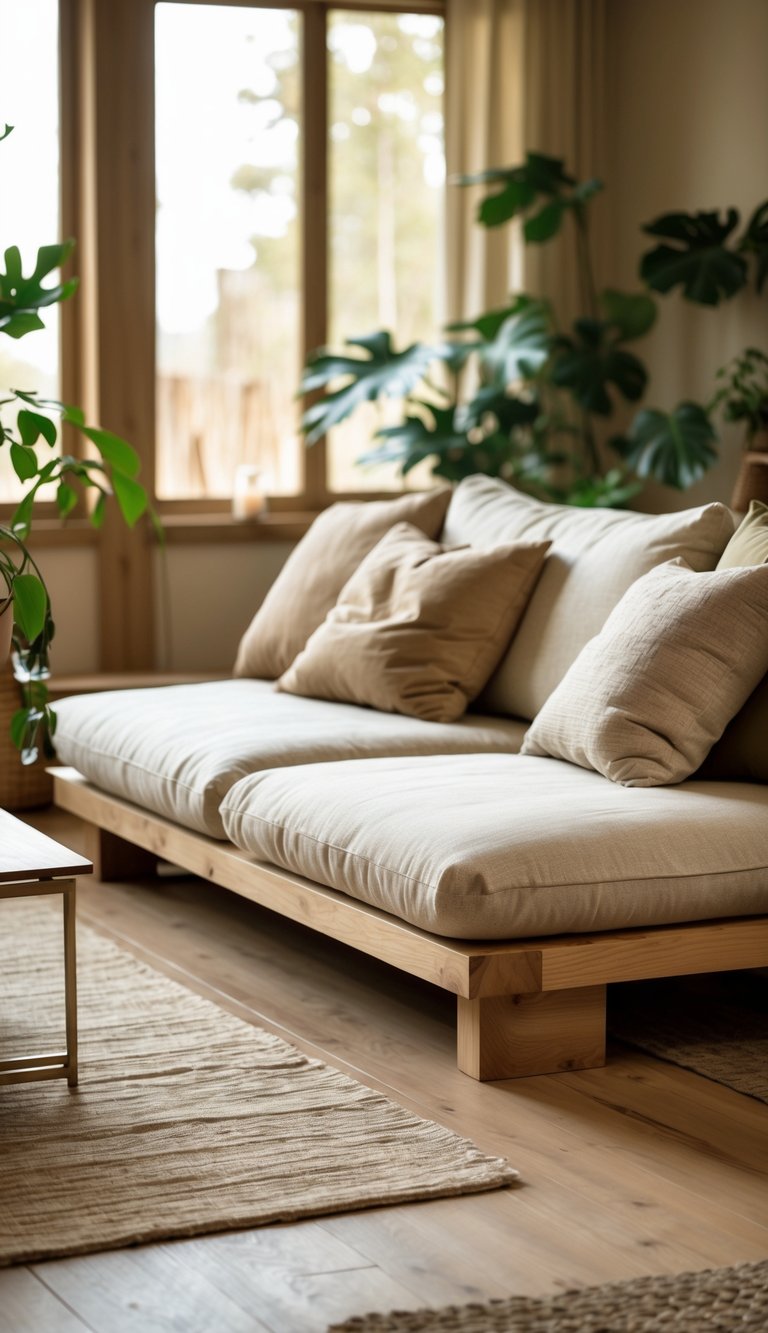 A living room with a low wooden platform sofa base, neutral cushions, wooden floor, indoor plants, and natural light coming through large windows.