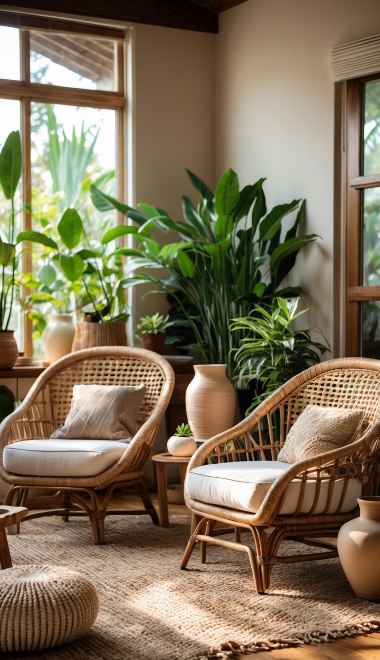 A living room with two wicker lounge chairs, a wooden coffee table, plants, and natural light coming through large windows.