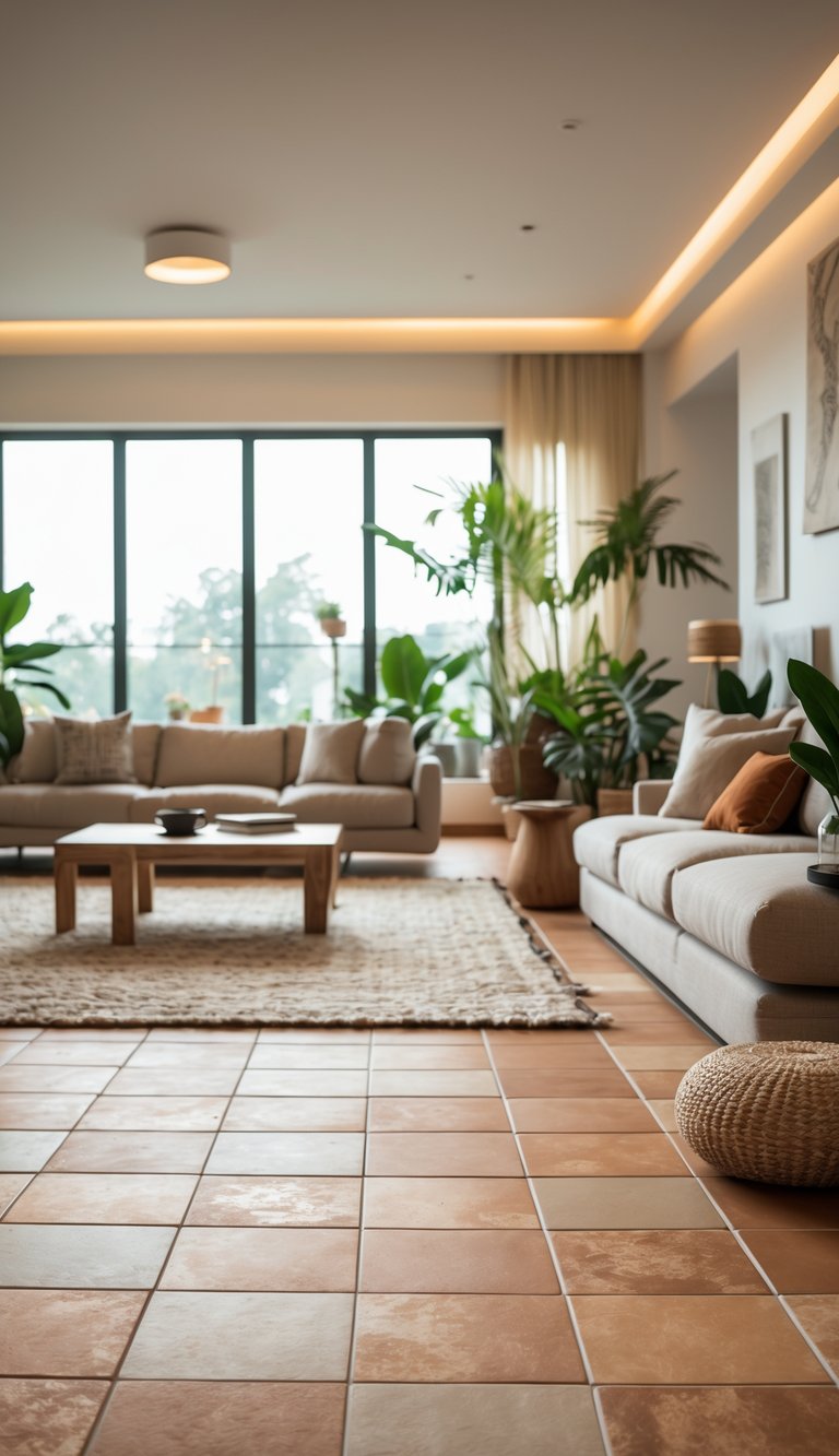 A spacious living room with matte ceramic floor tiles, a sofa, coffee table, and indoor plants.