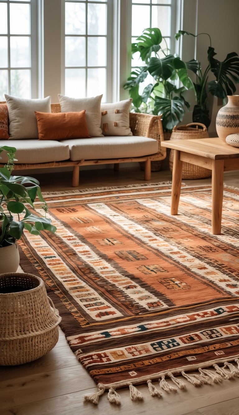 A cozy living room with handmade kilim rugs on a wooden floor, natural wooden furniture, and potted plants.