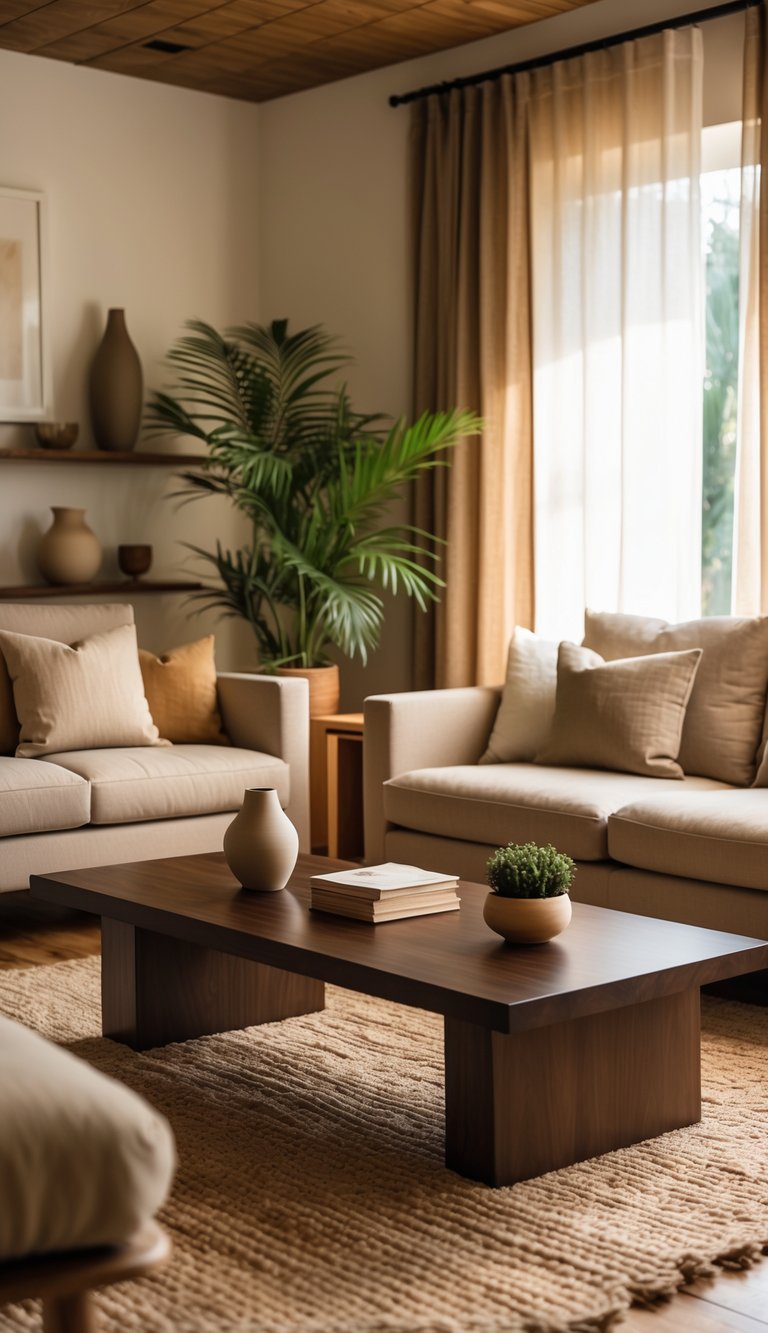Living room with a dark walnut coffee table surrounded by a sofa, armchairs, plants, and soft natural light.