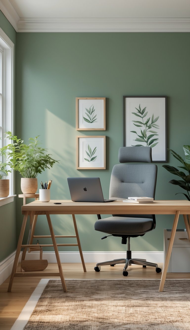 A home office with a sage green accent wall, wooden desk, laptop, potted plant, and natural light coming through a window.