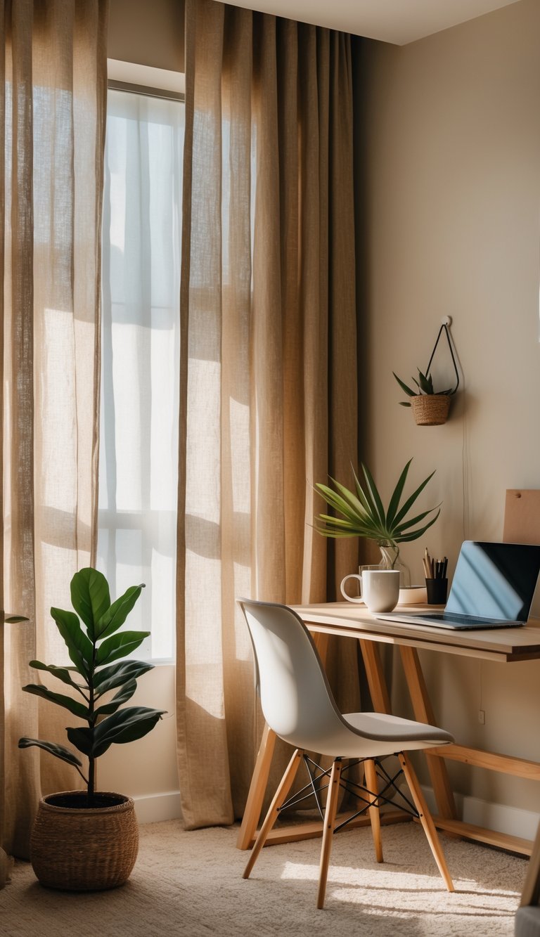 A home office with beige linen curtains, a wooden desk with a laptop, a plant, and office supplies.