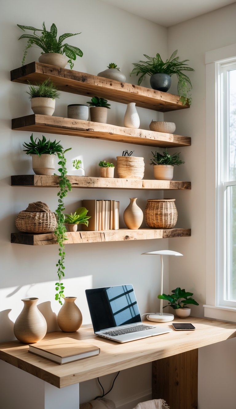 A home office with reclaimed wood floating shelves holding plants, books, and decorative items above a wooden desk with a laptop and lamp.