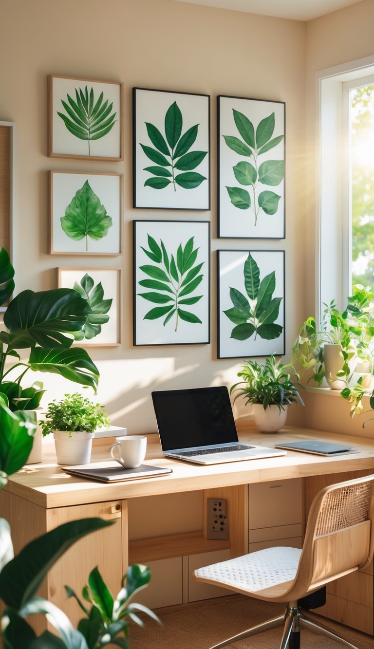 A home office with framed leaf prints on the walls, a desk with a laptop, plants, and natural light coming through a window.
