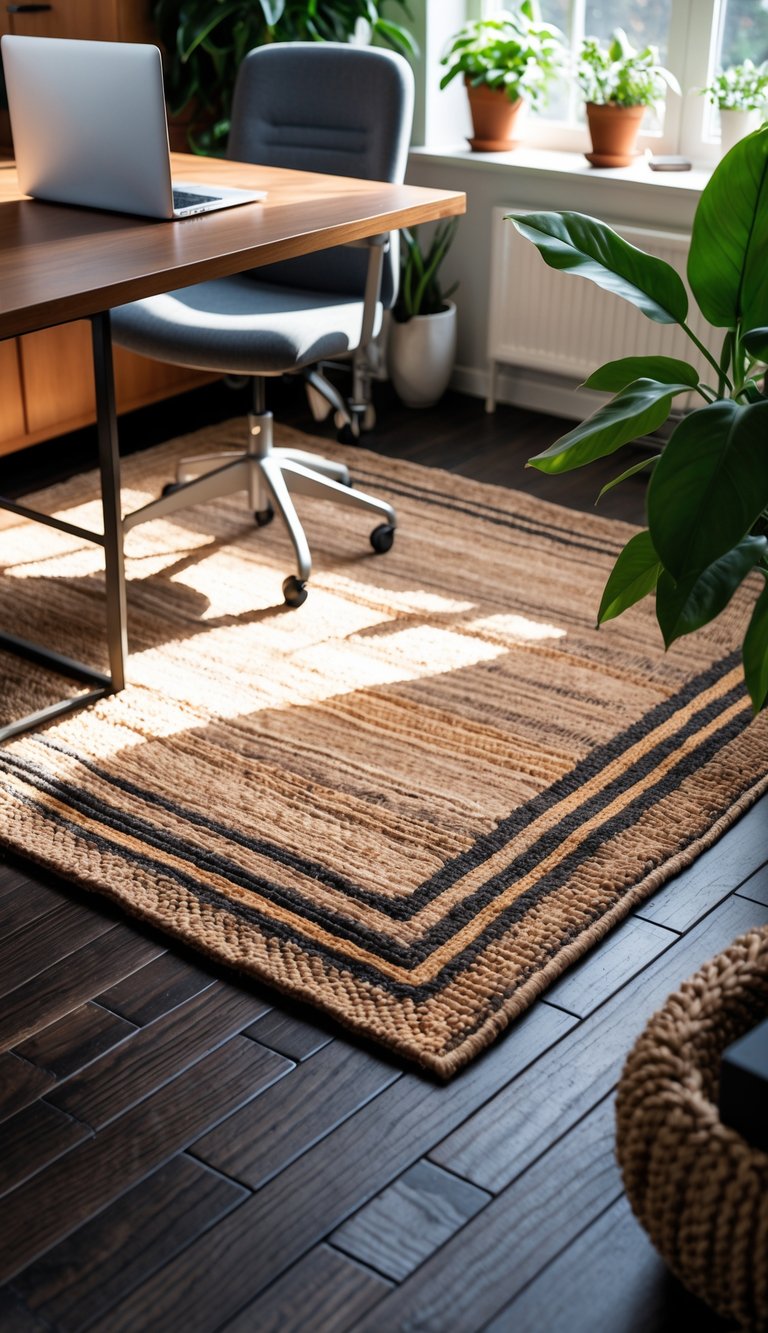 Home office with dark wood floor, woven rug, wooden desk, laptop, chair, and green plants near a window.