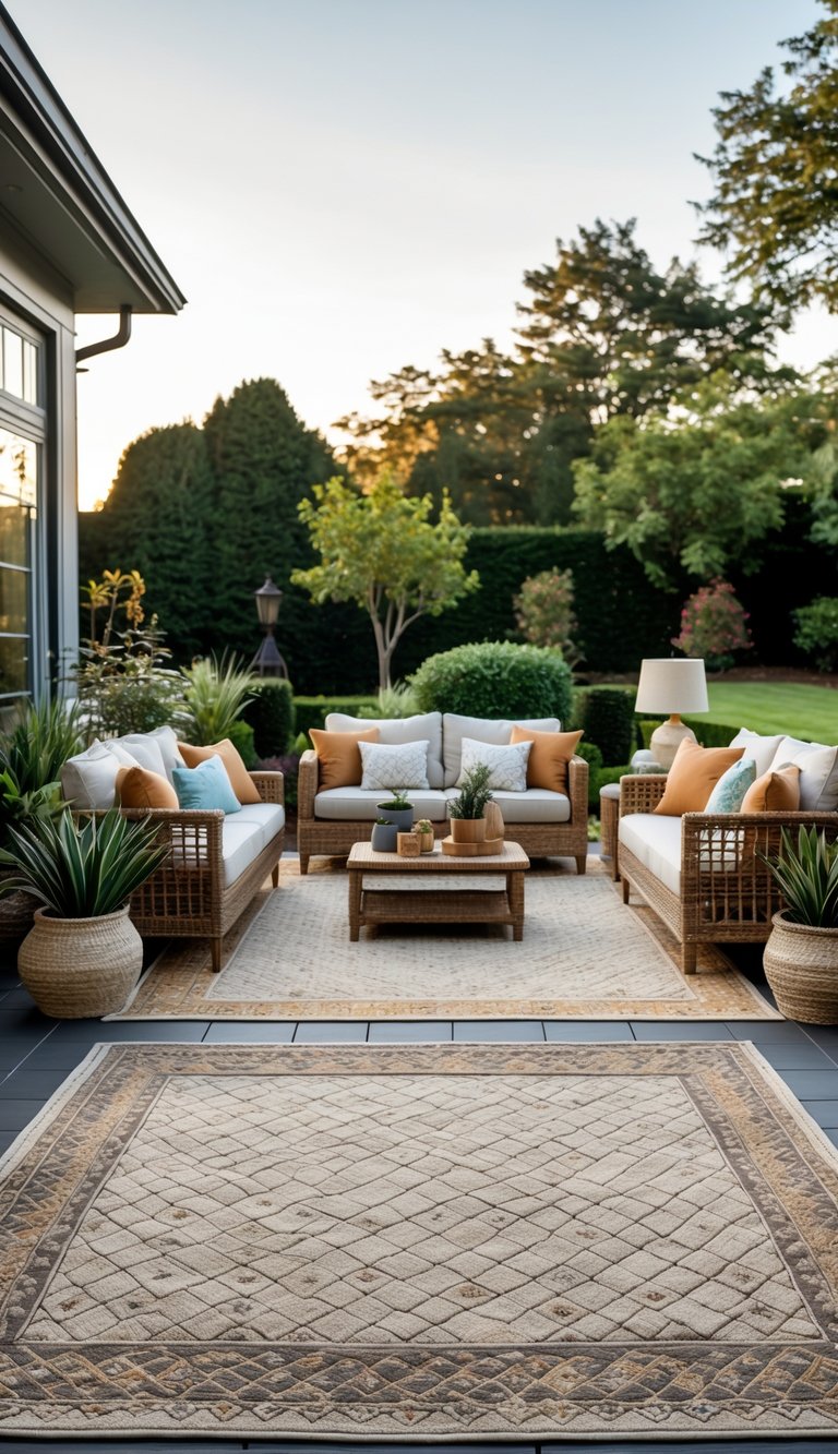 An outdoor patio with seating, all-weather rugs, plants, and a garden in the background.