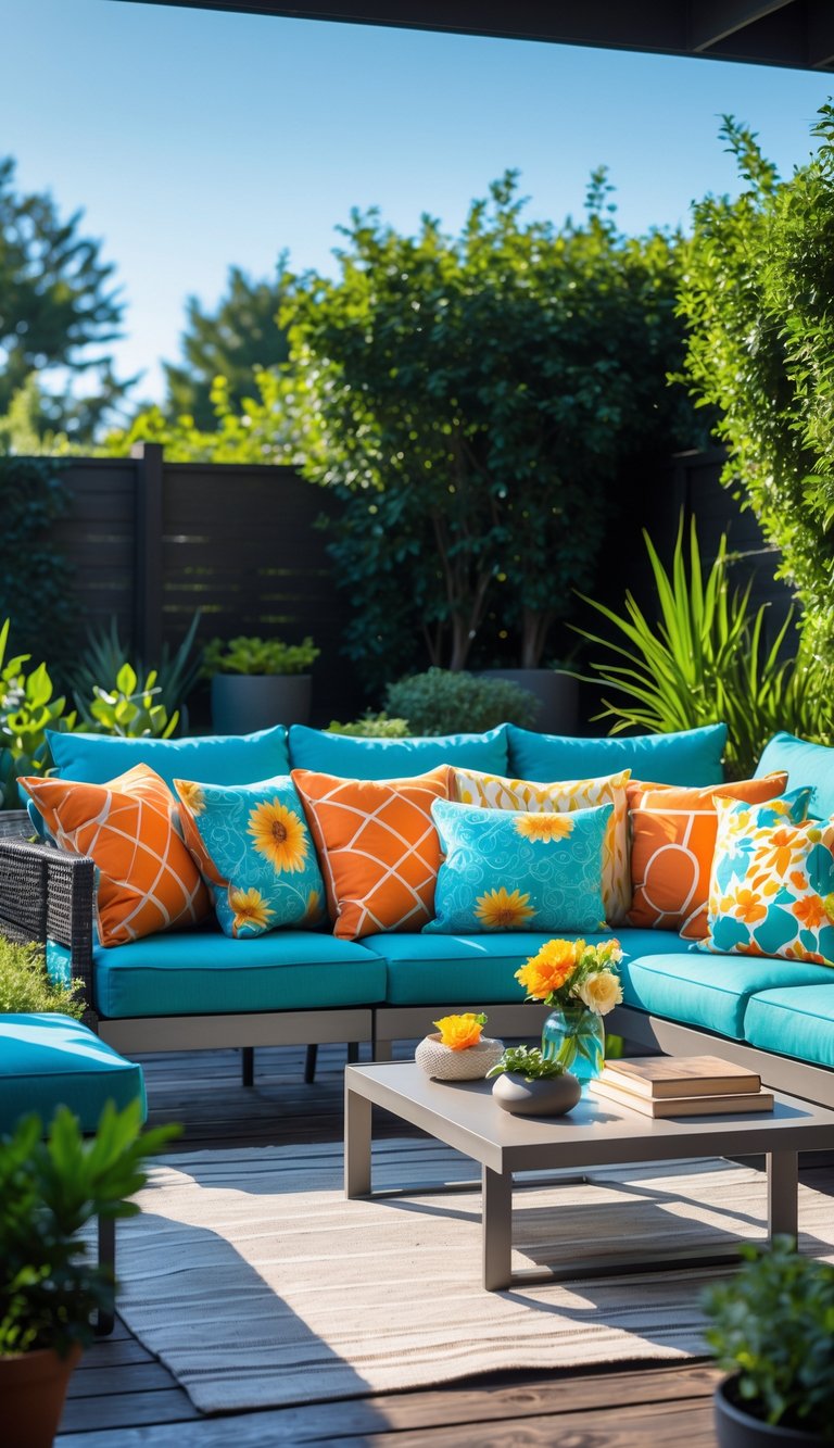 Outdoor seating area with colorful patterned cushions on a sofa surrounded by plants and a wooden deck.
