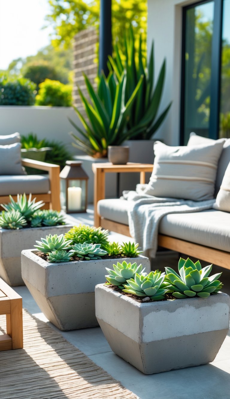 Outdoor living room with concrete planters filled with various succulents arranged around seating furniture.