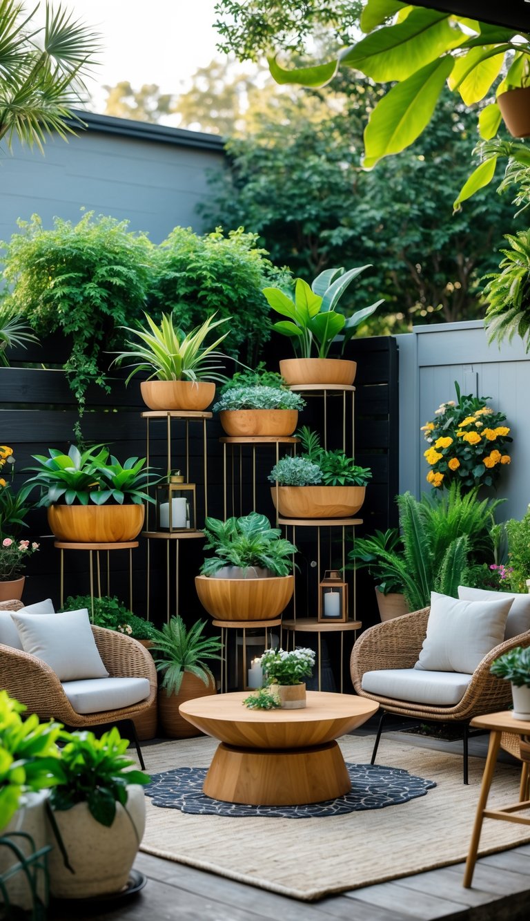 Outdoor living room with tiered plant stands filled with green plants, comfortable seating, and a garden background.