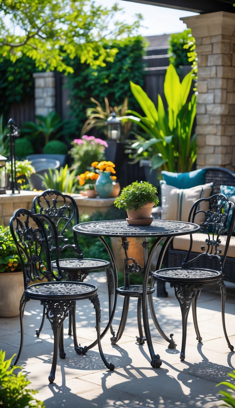 Outdoor patio with wrought iron bistro tables and chairs surrounded by plants and flowers.