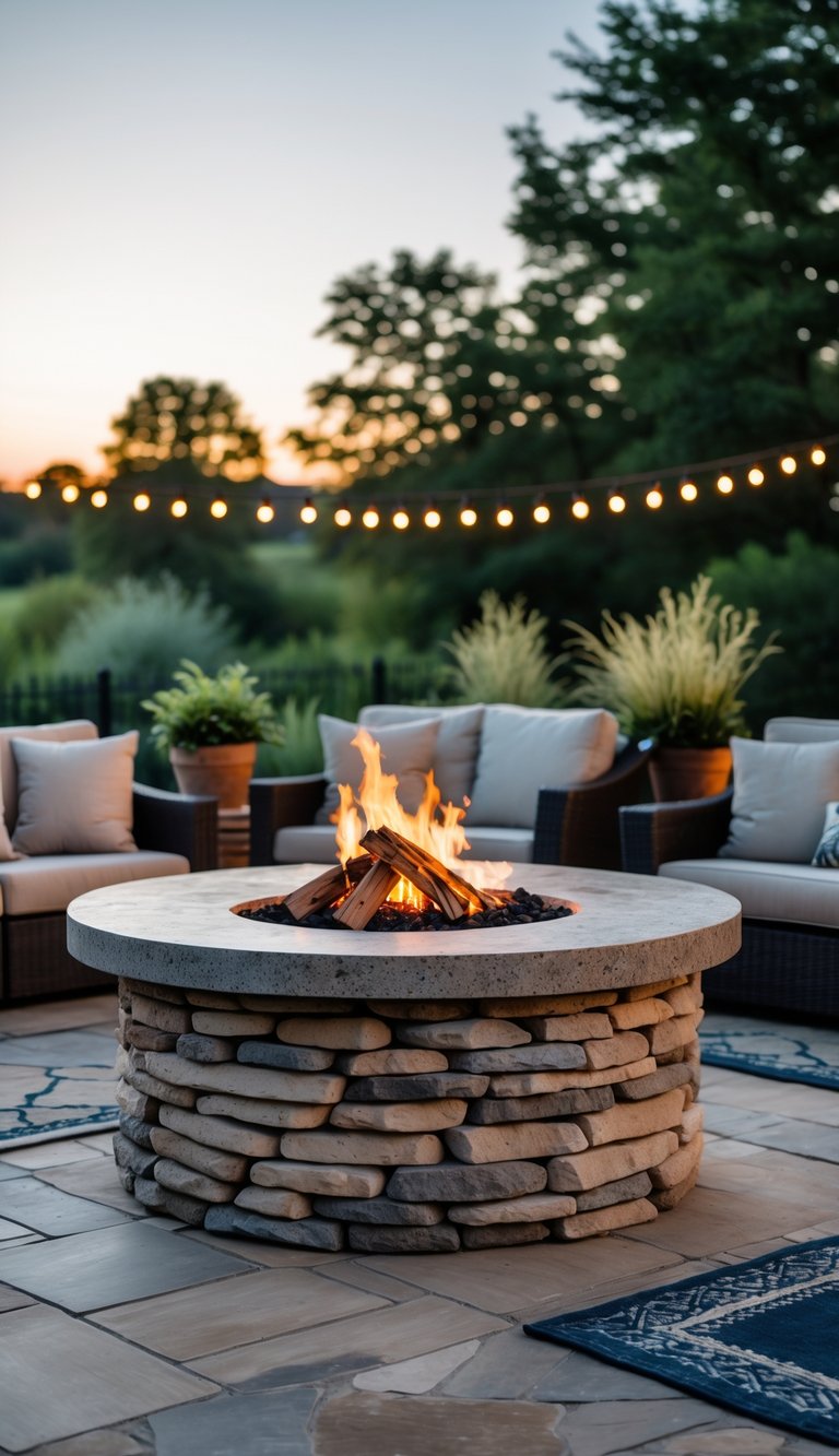 An outdoor living area with a stone fire pit surrounded by cushioned seating and greenery under warm evening light.