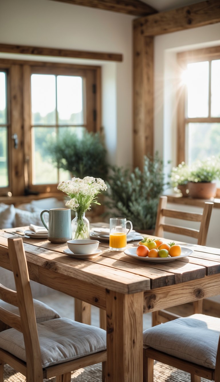 A wooden breakfast table with chairs in a bright, cozy room with breakfast items and plants.