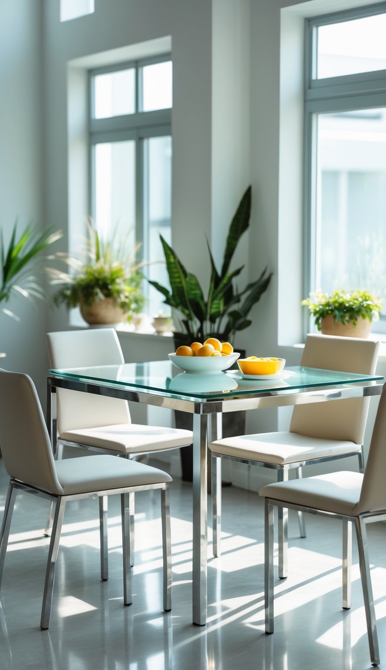 A bright breakfast nook with a glass top table and four chairs near large windows.