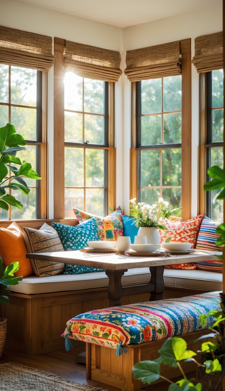 A cozy breakfast nook with a wooden table, built-in bench seating, and multiple colorful patterned pillows by large windows with natural light.