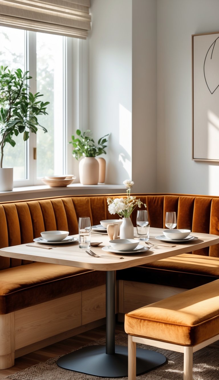 A breakfast nook with an L-shaped velvet upholstered banquette around a wooden dining table set for a meal.