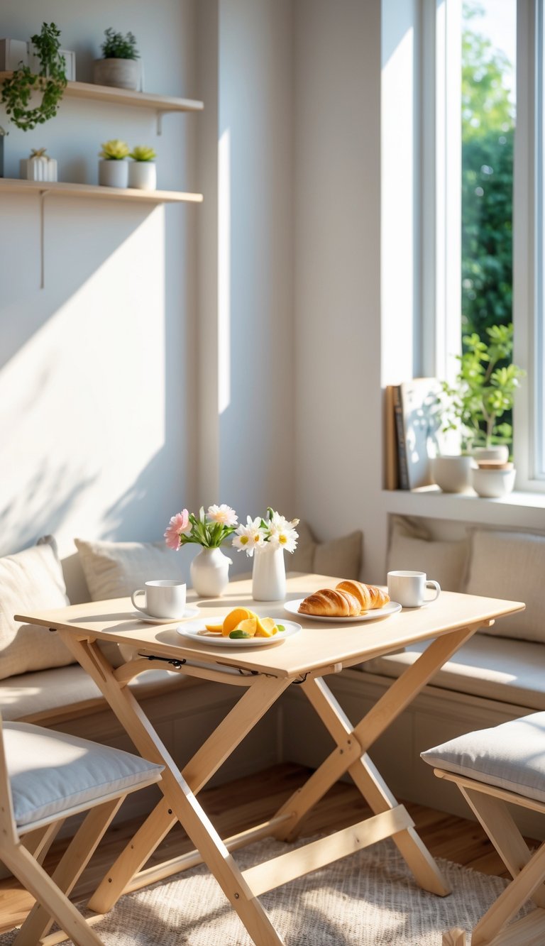 A compact foldable breakfast table set up in a cozy nook with two chairs, coffee cups, and a small vase of flowers.