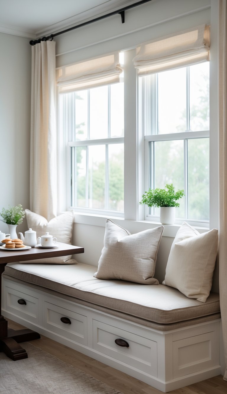 A cushioned window bench with storage drawers underneath, placed in a bright breakfast nook with a small table set for breakfast and natural light coming through a large window.