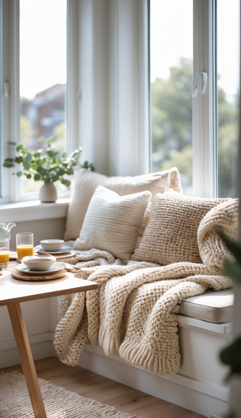 A breakfast nook with soft knitted throws layered on seating, a wooden table set for breakfast, and natural light coming through nearby windows.