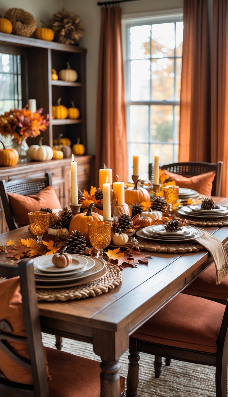 A dining room with a wooden table decorated with autumn leaves, pumpkins, candles, and warm-toned cushions on chairs.