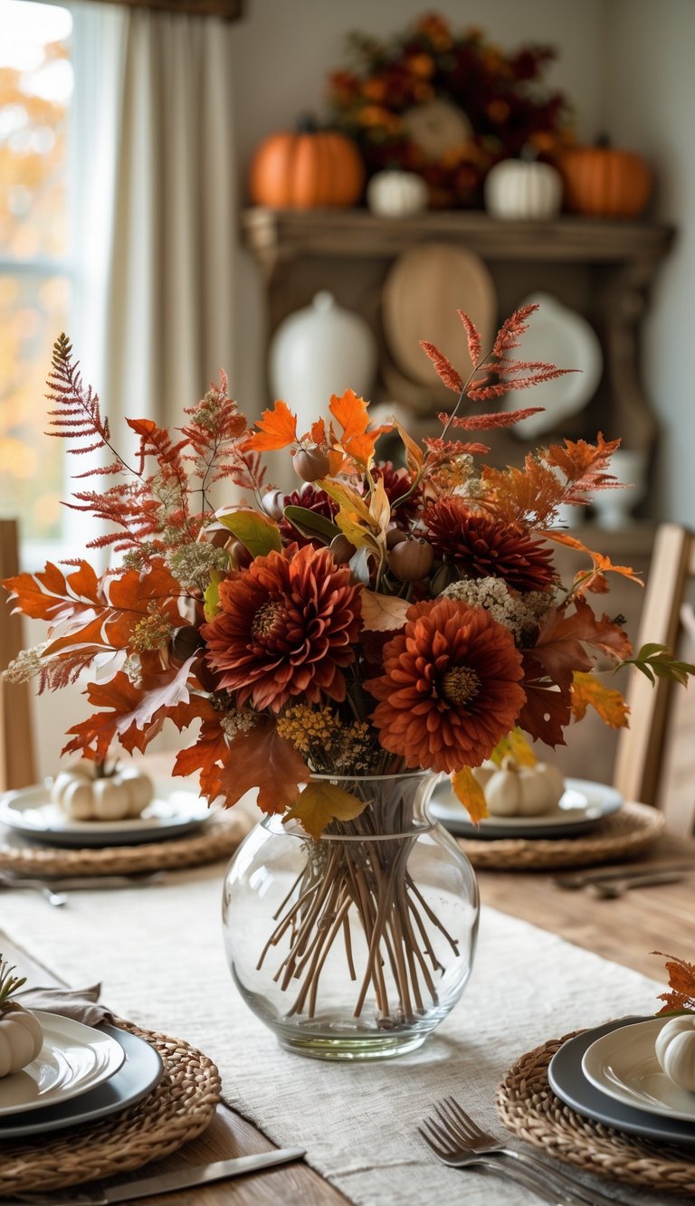 A rustic floral arrangement with rusty red flowers in a clear glass vase on a wooden dining table.