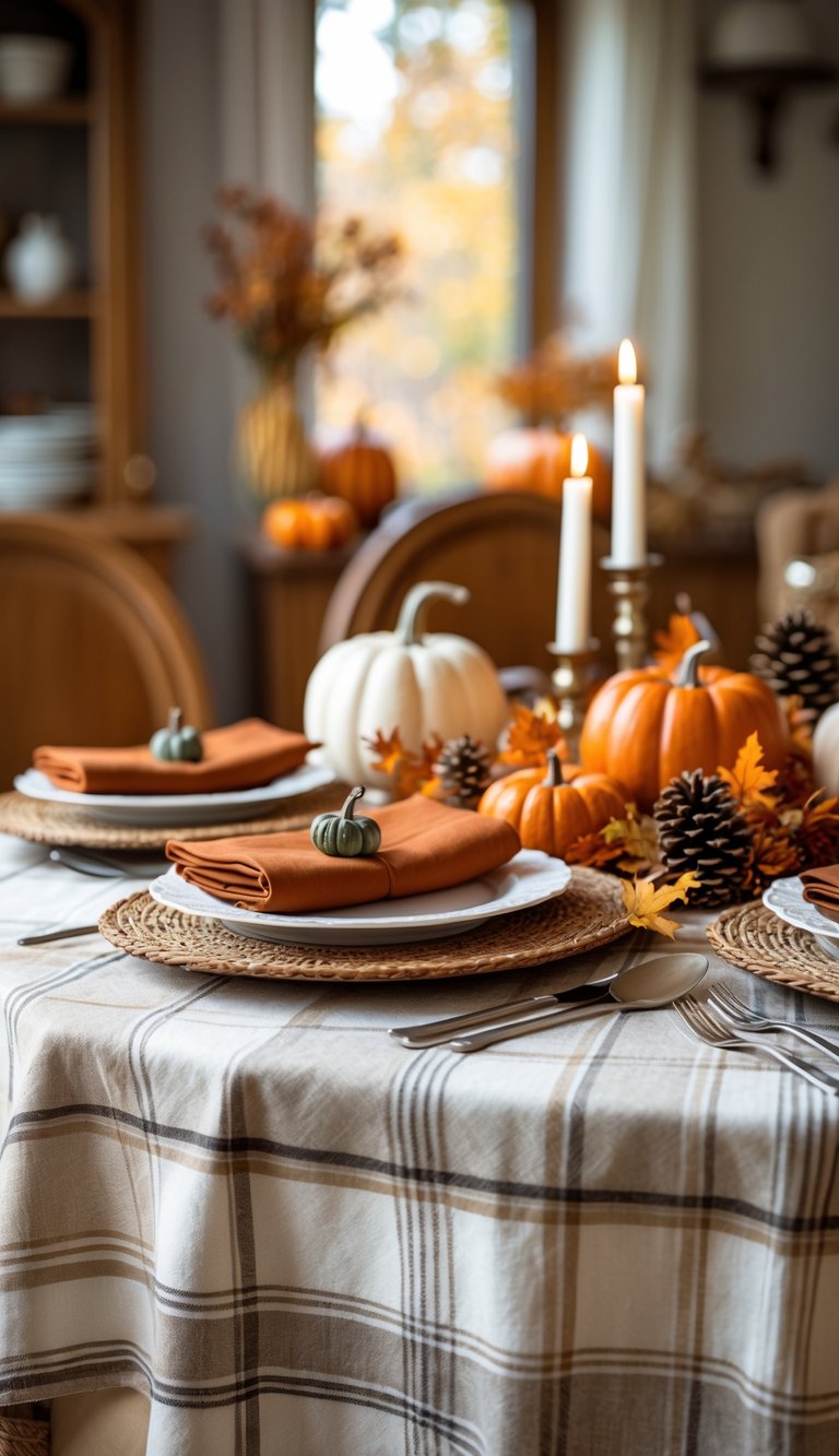 A dining table set with a neutral plaid tablecloth and burnt orange napkins, decorated with small pumpkins and pinecones in a warm dining room.
