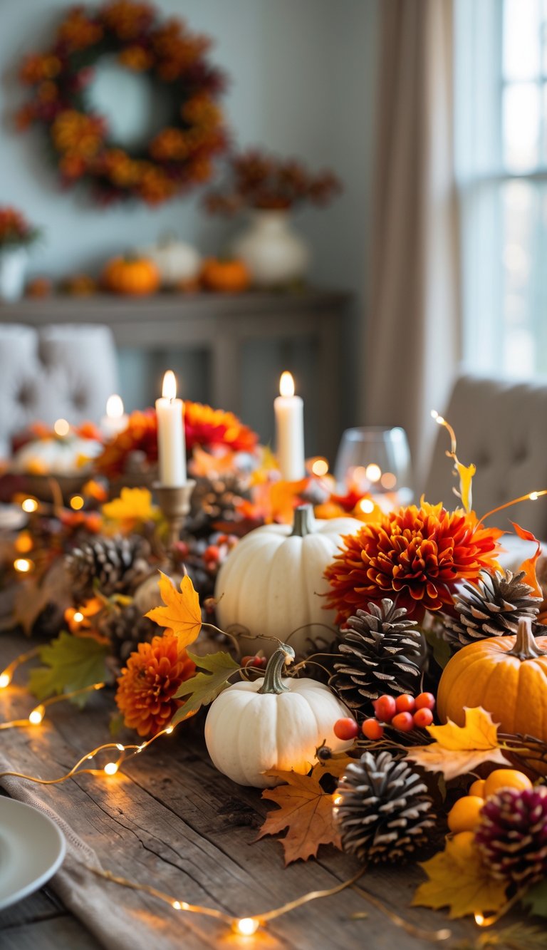 A fall-inspired dining table centerpiece with pumpkins, autumn leaves, flowers, pinecones, and string lights glowing warmly.
