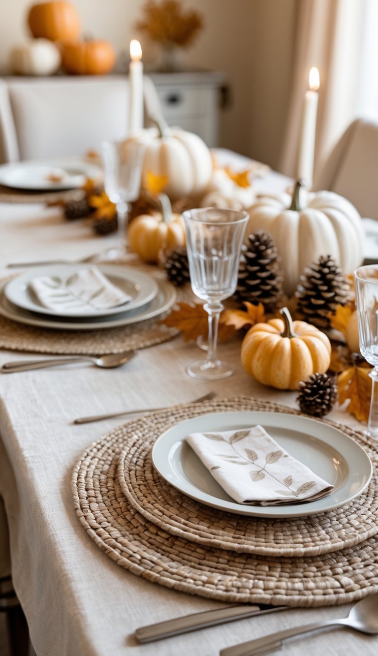 A dining table set with neutral woven placemats featuring leaf prints, white plates, and autumn decorations like small pumpkins and pinecones.