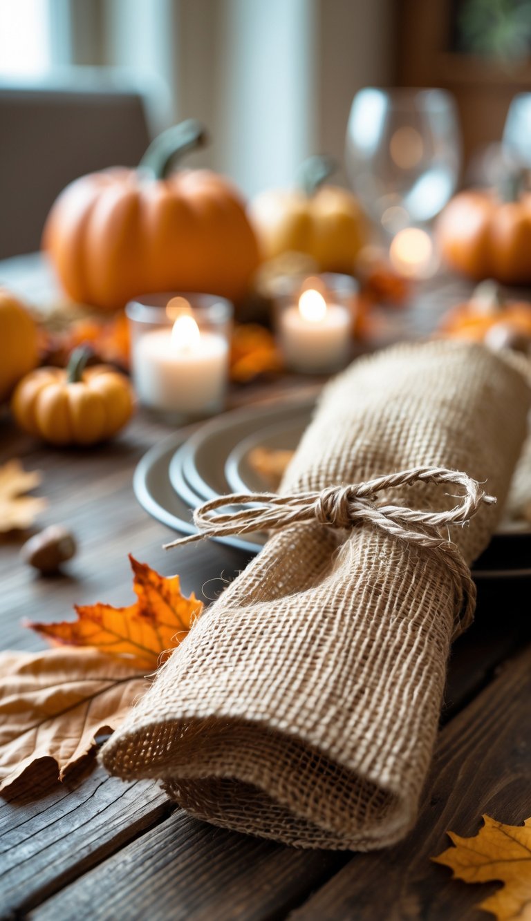 Close-up of burlap napkin rings tied with twine on a wooden dining table decorated with fall-themed items like pumpkins and dried leaves.