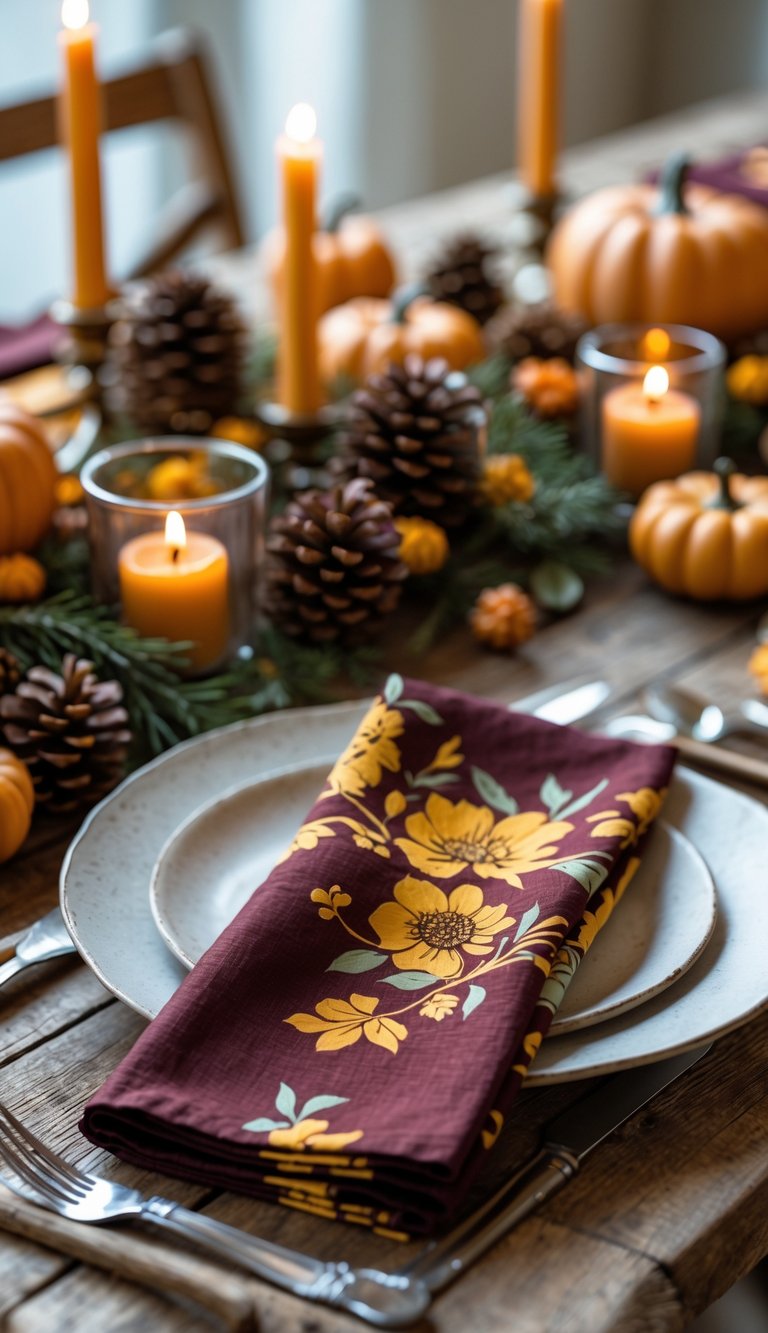 A fall dining table with deep burgundy and mustard-yellow floral napkins, small pumpkins, pinecones, and candles arranged on a wooden surface.