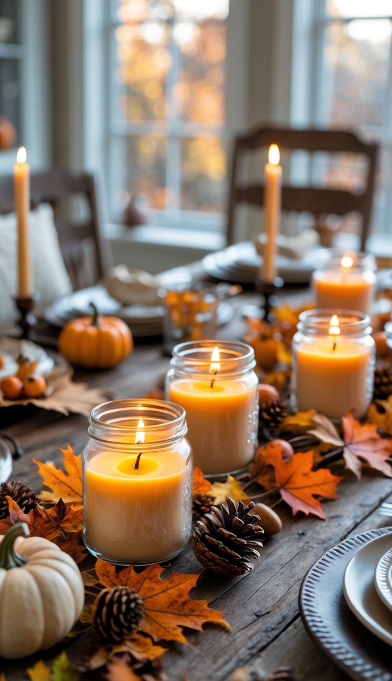 Lit soy wax candles in mason jars on a wooden dining table decorated with autumn leaves, pumpkins, and pinecones in a dining room.